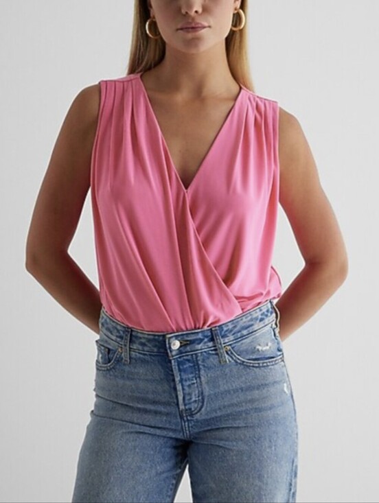 Express Tops - Express V-Neck Surplice Pleated Shoulder Bodysuit, Color Pink Size XS
